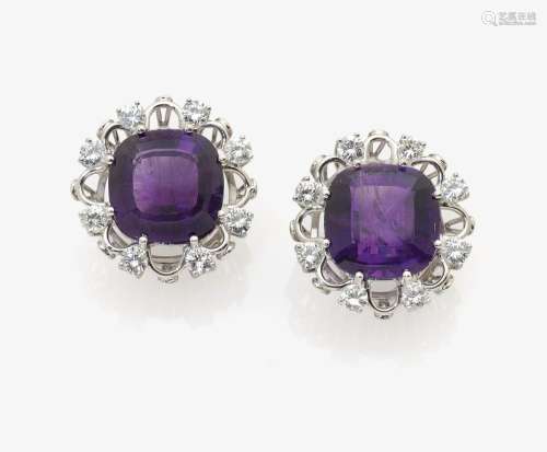 A PAIR OF AMETHYST AND DIAMOND SET EAR CLIPS Germany, Idar-Oberstein, 1970s