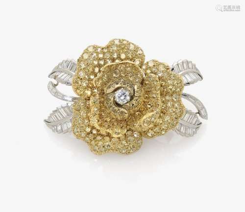 A ROSE BROOCH SET WITH DIAMONDS AND YELLOW SAPPHIRES France, 1975s