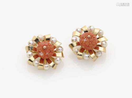 A PAIR OF HISTORICAL EAR-CLIPS SET WITH CORAL AND CULTURED PEARLS Italy, 1950s