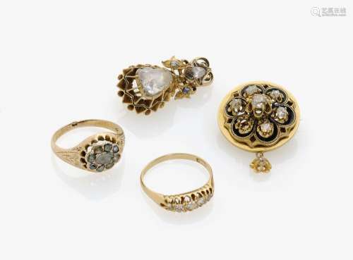 TWO DIAMOND SET BROOCHES AND THREE DIAMOND RINGS Austria and Germany, circa 1880