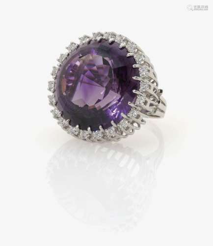 AN AMETHYST AND DIAMOND SET COCKTAIL RING Germany, Idar-Oberstein, 1970s