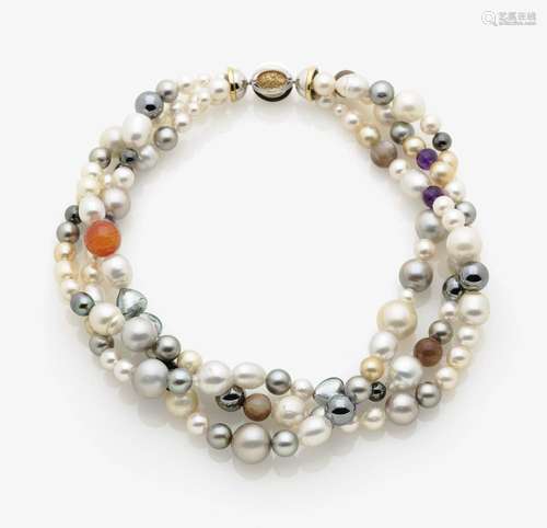 A COLLIER WITH AKOYA CULTURED PEARLS AND PRECIOUS STONES