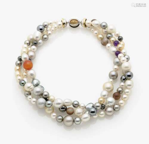 A COLLIER WITH AKOYA CULTURED PEARLS AND PRECIOUS STONES