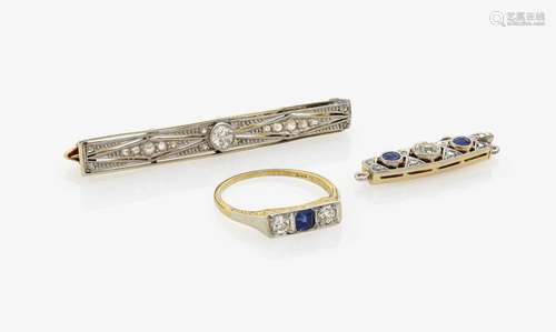 A BAR BROOCH, A CLASP AND A RING WITH SAPPHIRES AND DIAMONDS Germany, circa 1915