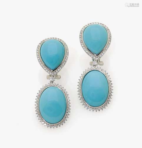 A PAIR OF TURQUOISE AND DIAMOND SET EAR-CLIPS Italy