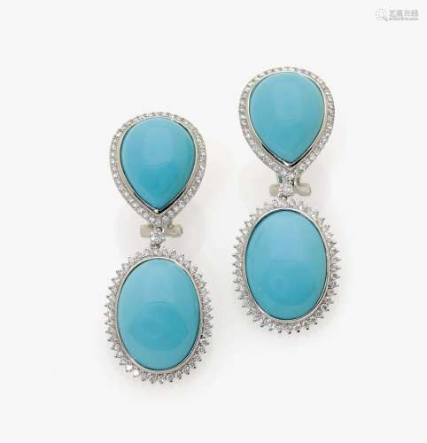 A PAIR OF TURQUOISE AND DIAMOND SET EAR-CLIPS Italy