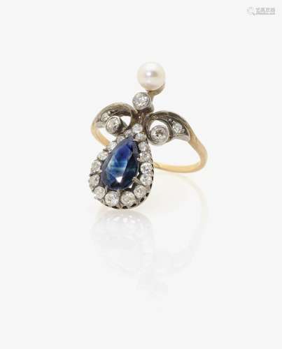 A SAPPHIRE, DIAMOND AND CULTURED PEARL RING Germany, circa 1900-1910