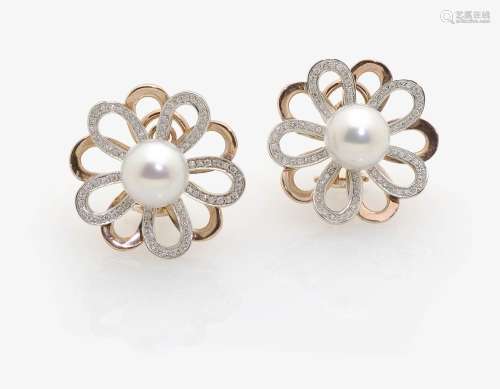 A PAIR OF FLOWER FORM EAR-CLIPS WITH SOUTH SEA CULTURED PEARLS AND DIAMONDS Italy, 1960s