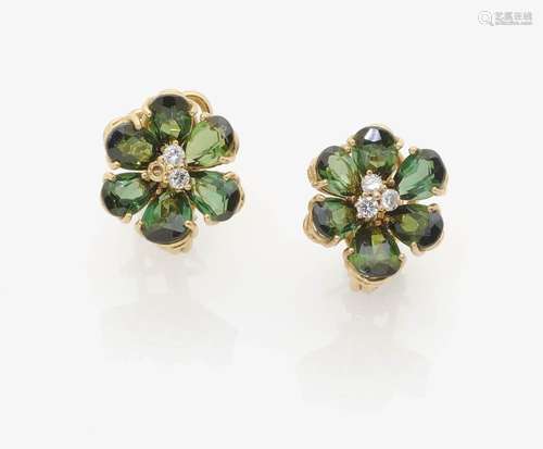 A PAIR OF TOURMALINE AND DIAMOND SET EAR-CLIPS/STUDS Germany