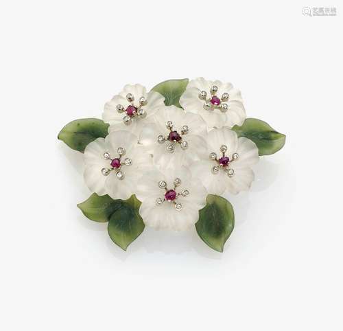 A STYLISED FLORAL BROOCH SET WITH ROCK CRYSTAL, NEPHRITE AND RUBIES Germany, 1970s