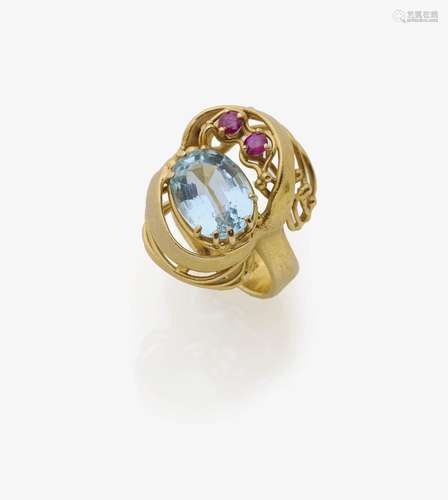 AN AQUAMARINE AND RUBY SET RING Switzerland, circa 1980, CHRISTOPH ROSE