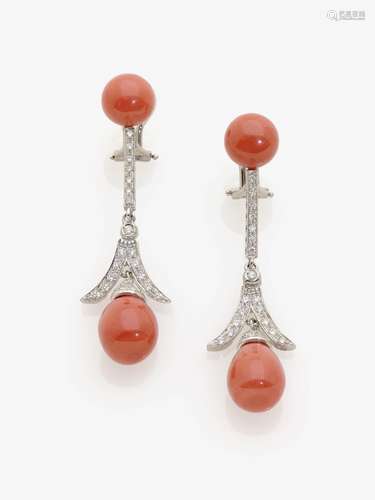 A PAIR OF EAR-DROPS WITH SARDINIAN CORAL AND DIAMONDS Italy