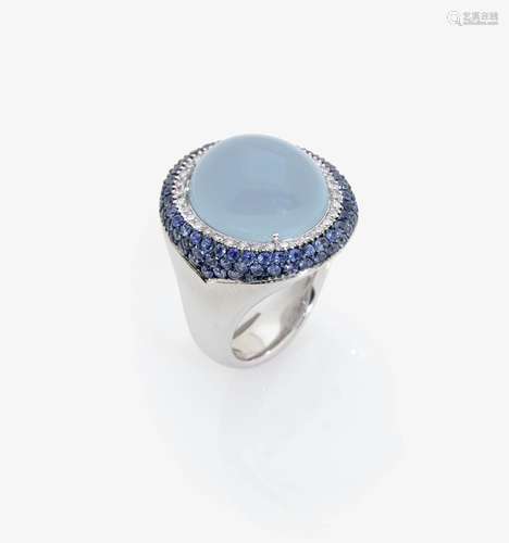 AN AQUAMARINE, SAPPHIRE AND DIAMOND SET RING Italy