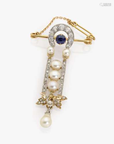 A HISTORICAL DIAMOND, CULTURED PEARL AND SAPPHIRE SET BROOCH England, Historicism, circa 1885
