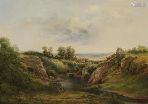 MONOGRAMIST C. T. England 19th century A Pond in a Hilly Landscape with Decorations