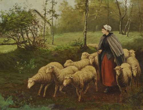 TRUESDELL, GAYLORD SANGSTON Shepherdess with Flock of Sheep