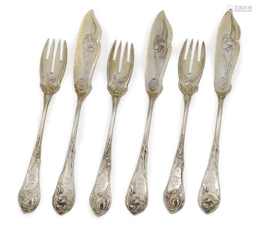 FISH CUTLERY ''AUTUMN CROCUS'', TWELVE PIECES Wilkens & Sons Hemelingen, circa 1902, Design by Heinrich Vogeler