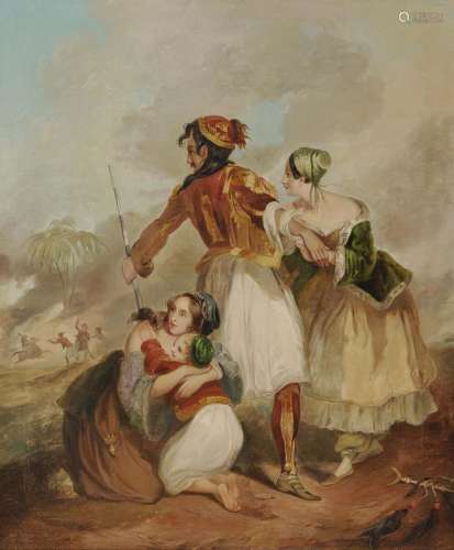 FRENCH SCHOOL (circle of Ary Scheffer?) 1st half of the 19th century Greek Freedom Fighter with two Young Women and a Child