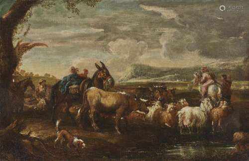 ITALO-FLEMISH SCHOOL 17th century Shepherds with Cattle and Pack Mule in Mountainous Landscape