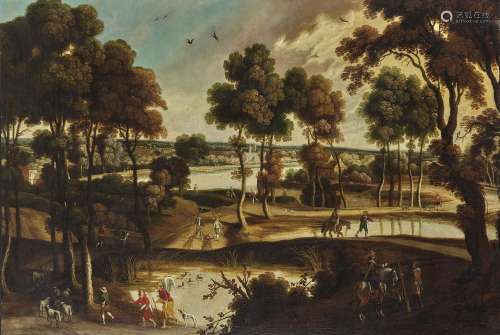 FLEMISH SCHOOL 17th century Wide River Landscape with Figure Scenery