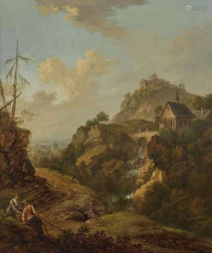 SCHÜZ (SCHÜTZ) THE ELDER., CHRISTIAN GEORG 1718 Flörsheim - 1791 Frankfurt a. M., attributed to Ideal rocky landscape with a chapel over a waterfall and a castle ruin To the left, two wanderers resting