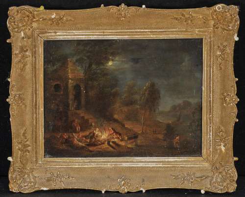 UNKNOWN ARTIST 18th century Moonlit Landscape with a Seated Group of People at a Fireplace