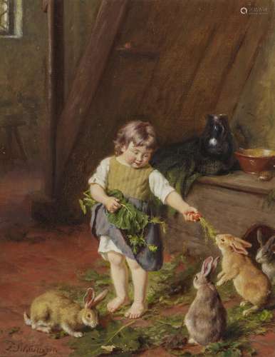 SCHLESINGER, FELIX Girl Feeding Rabbits