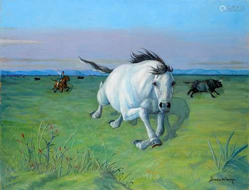 LUÍS SIMÃO DA VEIGA (1879-1963), MARSHLAND WITH A PEASANT AND HORSES