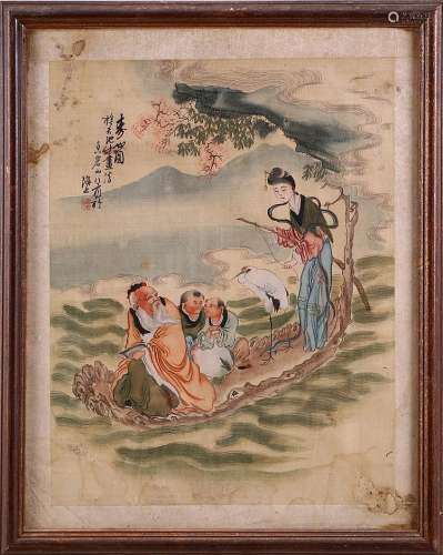 CHINESE SCHOOL, 19TH CENTURY, IMORTAL AND FIGURES ON A VESSEL