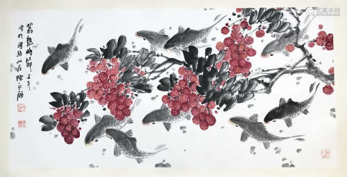 CHINESE SCROLL PAINTING OF FISH AND FLOWER