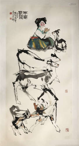 CHINESE SCROLL PAINTING OF GIRL AND SHEEP