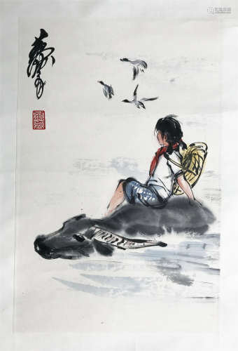 CHINESE SCROLL PAINTING OF GIRL ON BACK OF OX