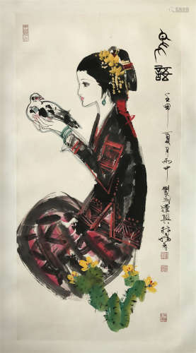 CHINESE SCROLL PAINTING OF GIRL WITH DOVE