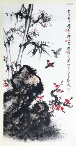 CHINESE SCROLL PAINTING OF BIRDS AND BAMBOO