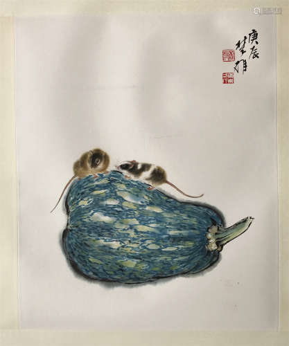 CHINESE SCROLL PAINTING OF SQUIRRELS AND SQUASH