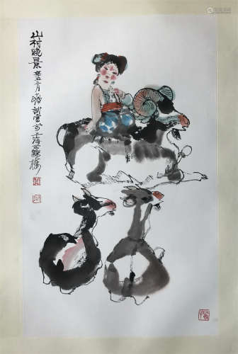 CHINESE SCROLL PAINTING OF GIRL AND RAM