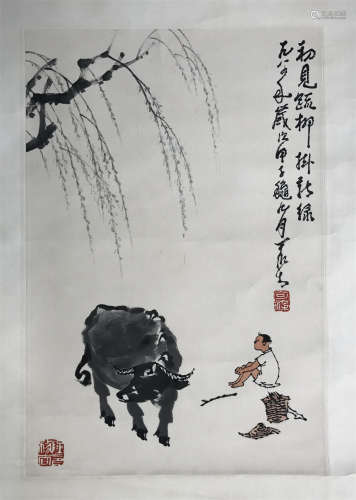 CHINESE SCROLL PAINTING OF BOY AND OX UNDER WILLOW