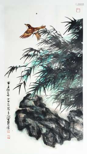 CHINESE SCROLL PAINTING OF BIRD AND ROCK