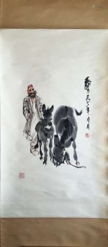 CHINESE SCROLL PAINTING OF MAN AND DONKEY