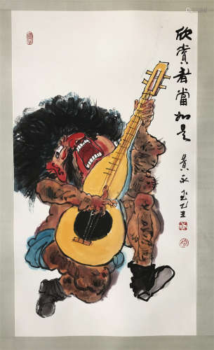 CHINESE SCROLL PAINTING OF MAN PLAYING MUSIC