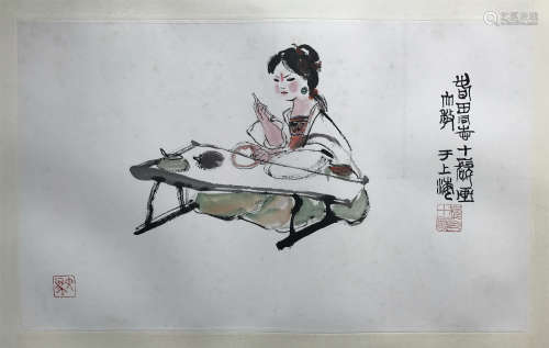 CHINESE SCROLL PAINTING OF GIRL WRITING