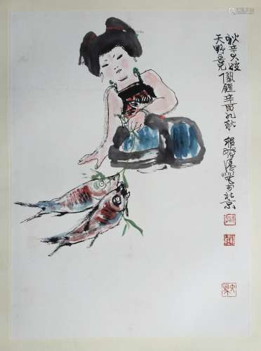 CHINESE SCROLL PAINTING OF GIRL AND FISH