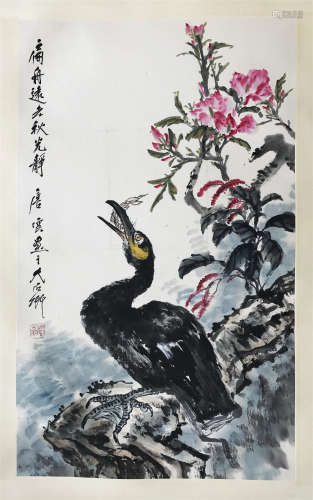 CHINESE SCROLL PAINTING OF CRANE AND FLOWER