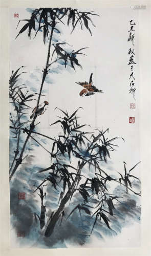 CHINESE SCROLL PAINTING OF BIRDS AND BAMBOO