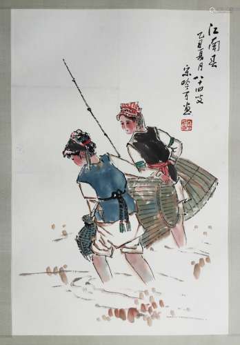 CHINESE SCROLL PAINTING OF TWO GIRLS