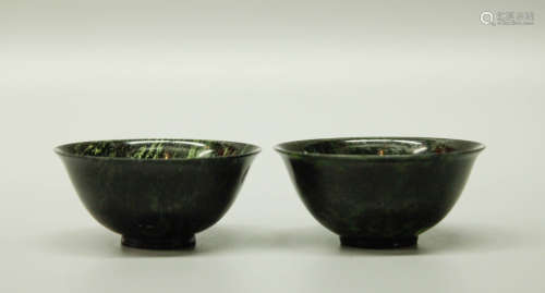 Pair of Spinach Jade Carved Bowls