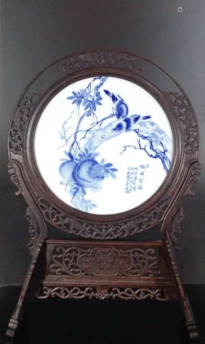 /Chinese Blue&White Porcelain Plaque w Stand, Mark