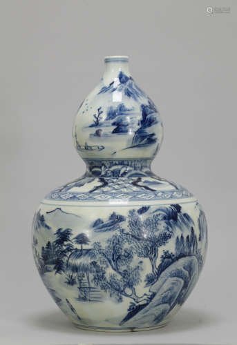 //Chinese Blue/White Gourd Shape Vase w/ Landscape