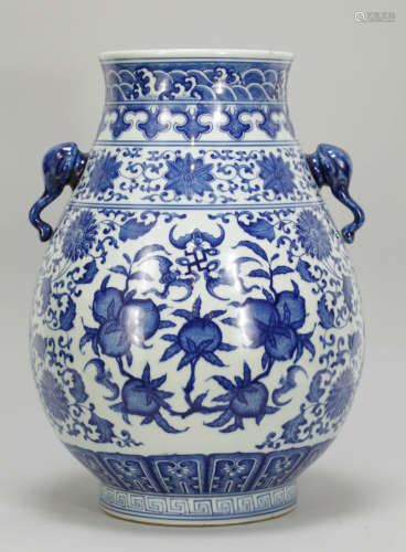 //Chinese Blue/White Porcelain Jar w/ Elephant Ea