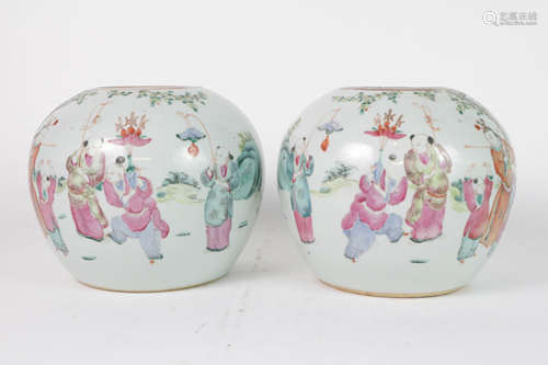 Pair 18th C. Famille Rose Porcelain Jars